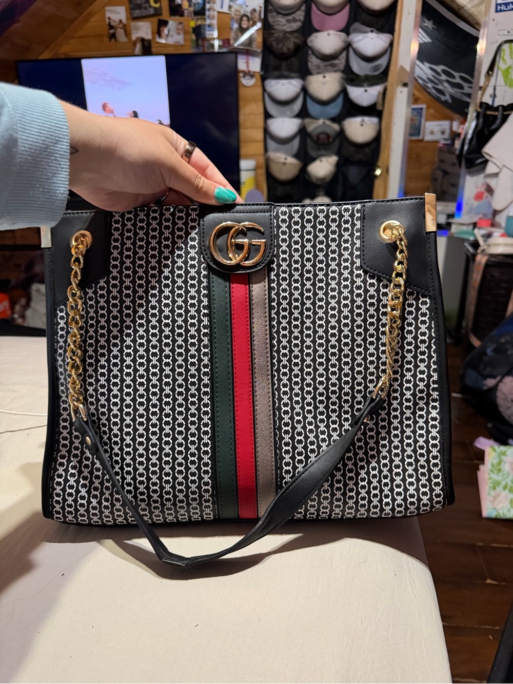 Designer-Style Black & Beige Chain Tote with Red and Green Stripe